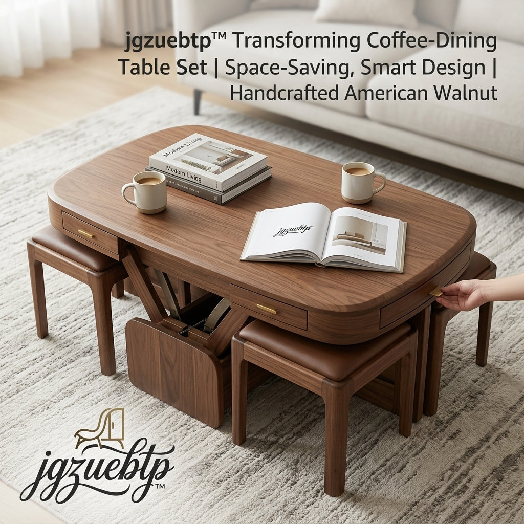 jgzuebtp™ Transforming Coffee-to-Dining Table Set | Space-Saving Lift-Top Design with Hidden Nesting Stools | Handcrafted American Walnut, Modern Multi-Functional Furniture for Small Spaces