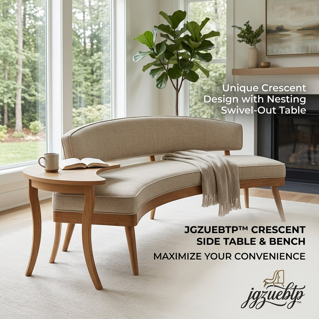 jgzuebtp™ Crescent Upholstered Bench with Nesting Swivel-Out Side Table, Curved Mid-Century Modern Entryway Bench, Space-Saving Accent Settee with Wooden End Table for Living Room, Bedroom, and Foyer