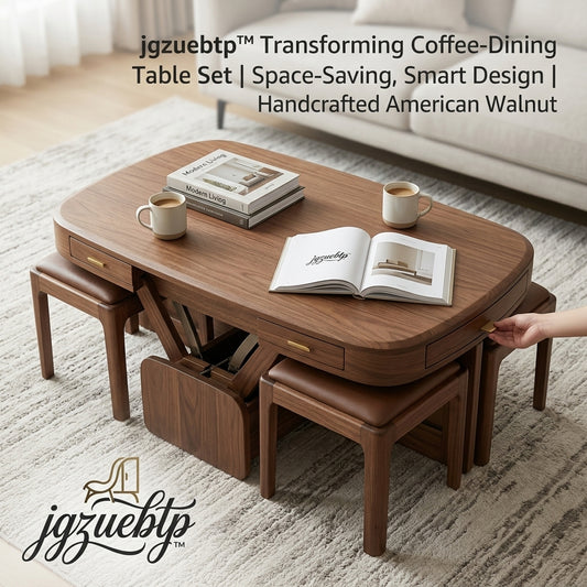 jgzuebtp™ Transforming Coffee-to-Dining Table Set | Space-Saving Lift-Top Design with Hidden Nesting Stools | Handcrafted American Walnut, Modern Multi-Functional Furniture for Small Spaces