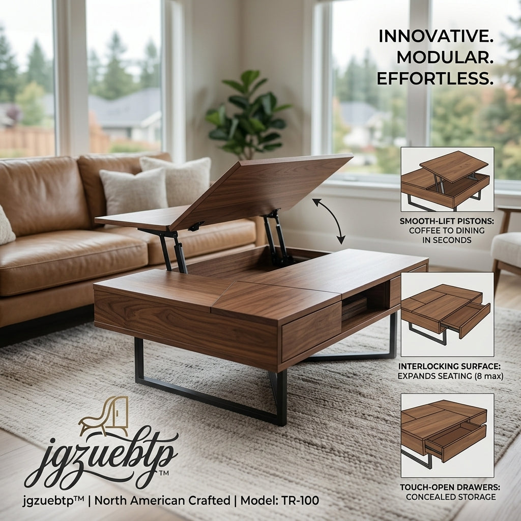 jgzuebtp™ TR-100 Lift-Top Coffee Table | 3-in-1 Convertible Dining Table with Expanding Interlocking Surface & Touch-Open Concealed Storage Drawers | North American Crafted Modern Walnut Accent Table