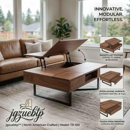 jgzuebtp™ TR-100 Lift-Top Coffee Table | 3-in-1 Convertible Dining Table with Expanding Interlocking Surface & Touch-Open Concealed Storage Drawers | North American Crafted Modern Walnut Accent Table