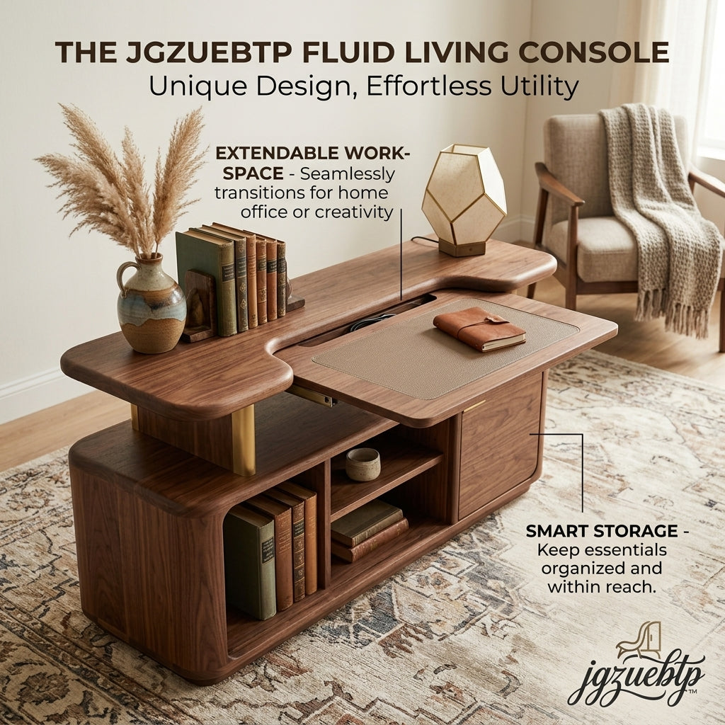 jgzuebtp™ Fluid Living Console - Mid-Century Modern Walnut Coffee Table with Extendable Home Office Desk, Space-Saving Smart Storage Credenza, and Brass Accents for Living Room & Small Spaces
