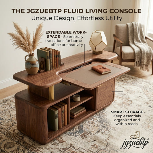 jgzuebtp™ Fluid Living Console - Mid-Century Modern Walnut Coffee Table with Extendable Home Office Desk, Space-Saving Smart Storage Credenza, and Brass Accents for Living Room & Small Spaces