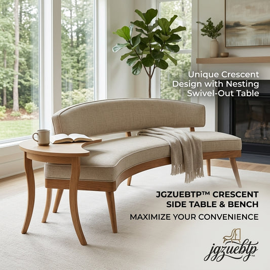 jgzuebtp™ Crescent Upholstered Bench with Nesting Swivel-Out Side Table, Curved Mid-Century Modern Entryway Bench, Space-Saving Accent Settee with Wooden End Table for Living Room, Bedroom, and Foyer