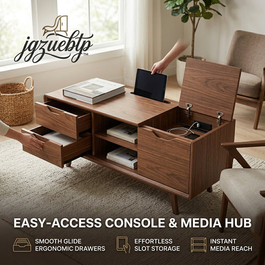 jgzuebtp™ Mid-Century Modern Coffee Table – Smart Media Console with Built-in Charging Station, Storage Drawers, and Tablet Slot – Premium Walnut Wood Living Room Furniture