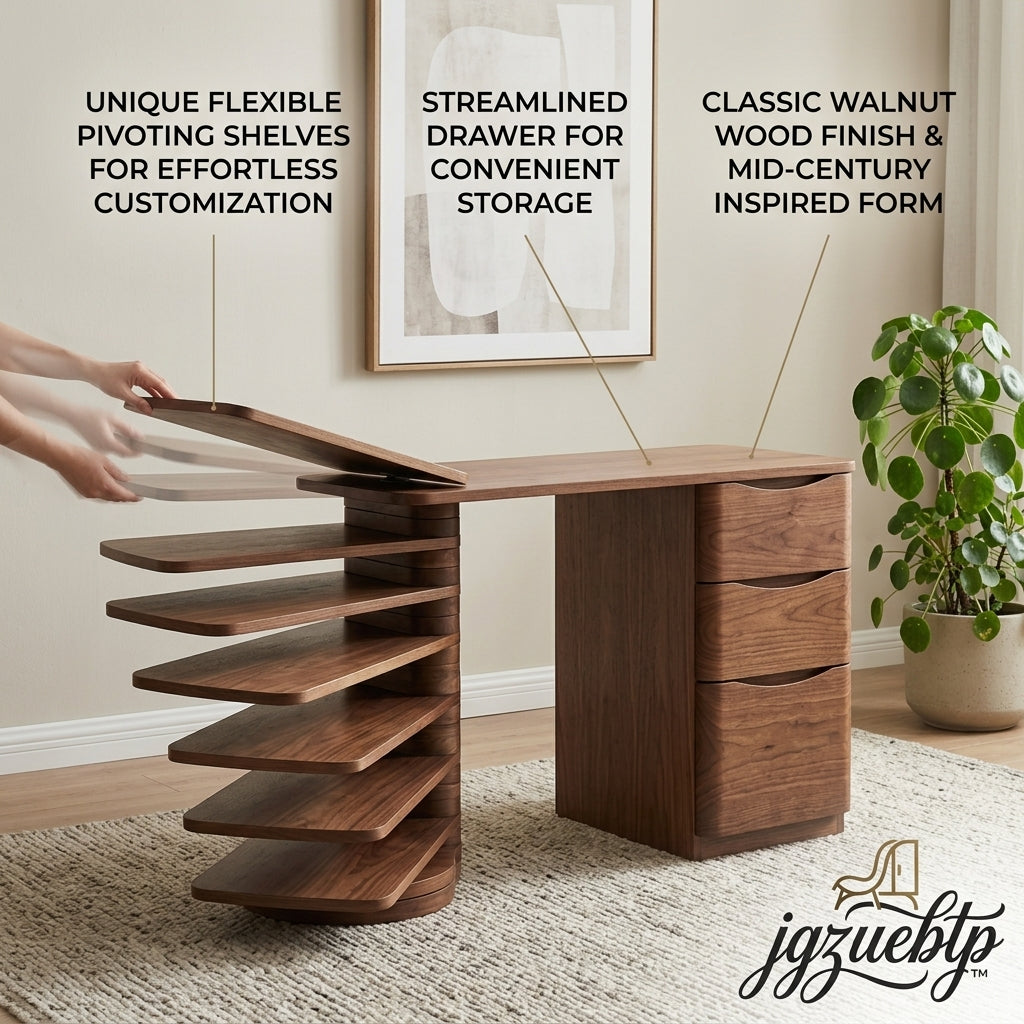 jgzuebtp™ Mid-Century Modern Walnut Wood Writing Desk - Home Office Executive Desk with 3 Storage Drawers and Unique 360° Pivoting Swivel Shelves, Space-Saving Study Table for Small Spaces